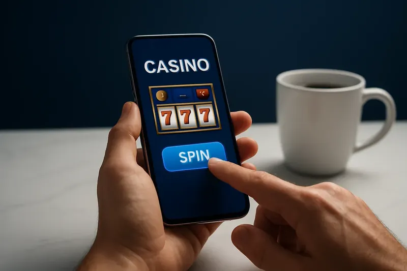 Man's hands tapping mobile casino interface on phone at marble desk