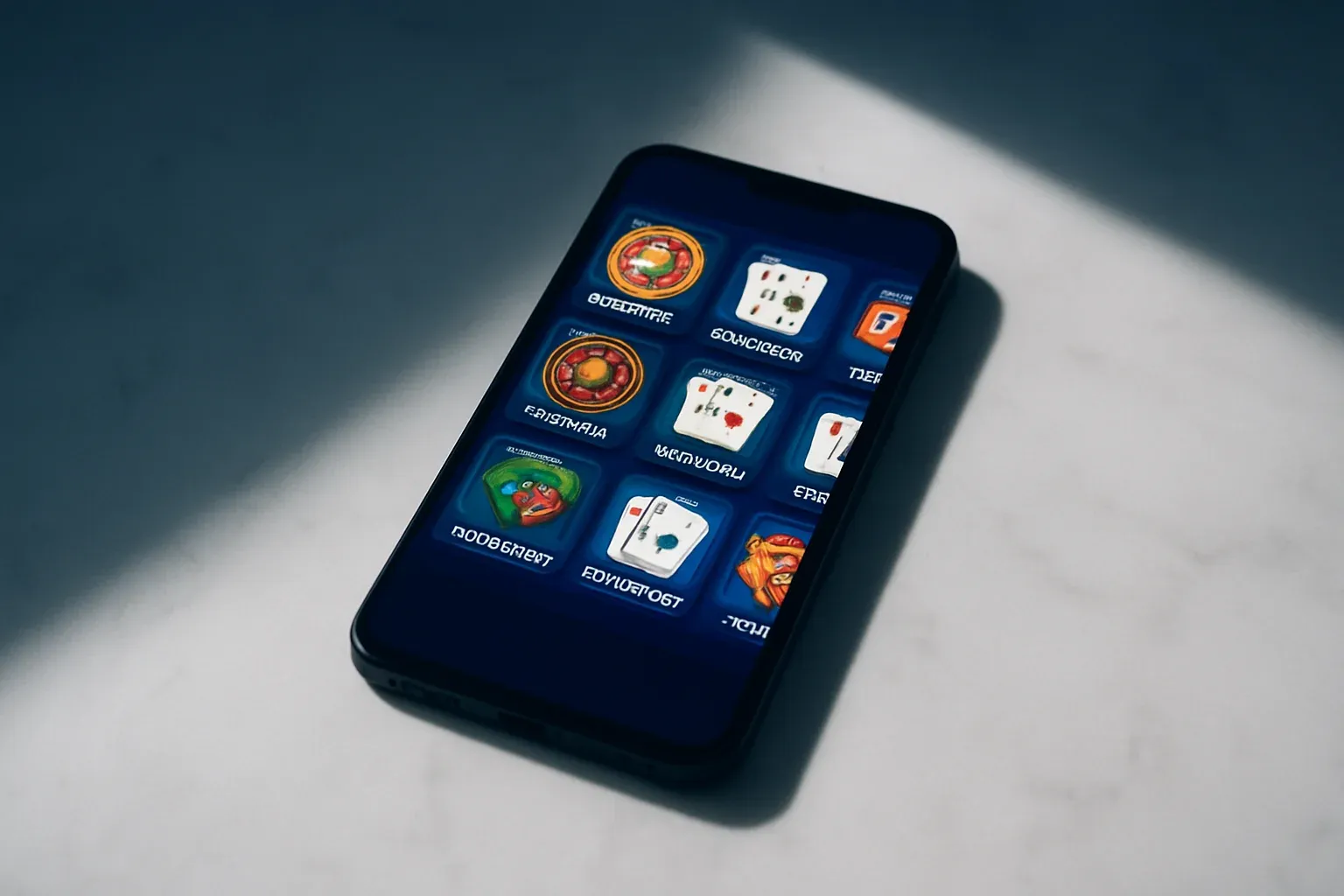 Casino App Flatlay Smartphone on white marble showing bright casino game selection grid