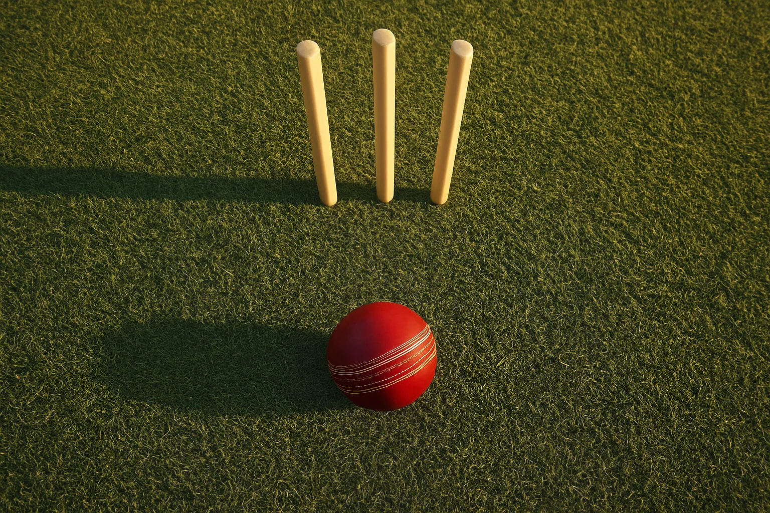 Cricket Pitch At Dusk Red cricket ball on mown grass with stumps at dusk