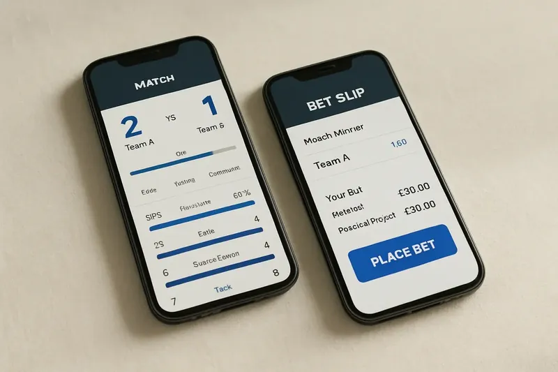 Two smartphones showing match dashboard and bet slip on cream surface