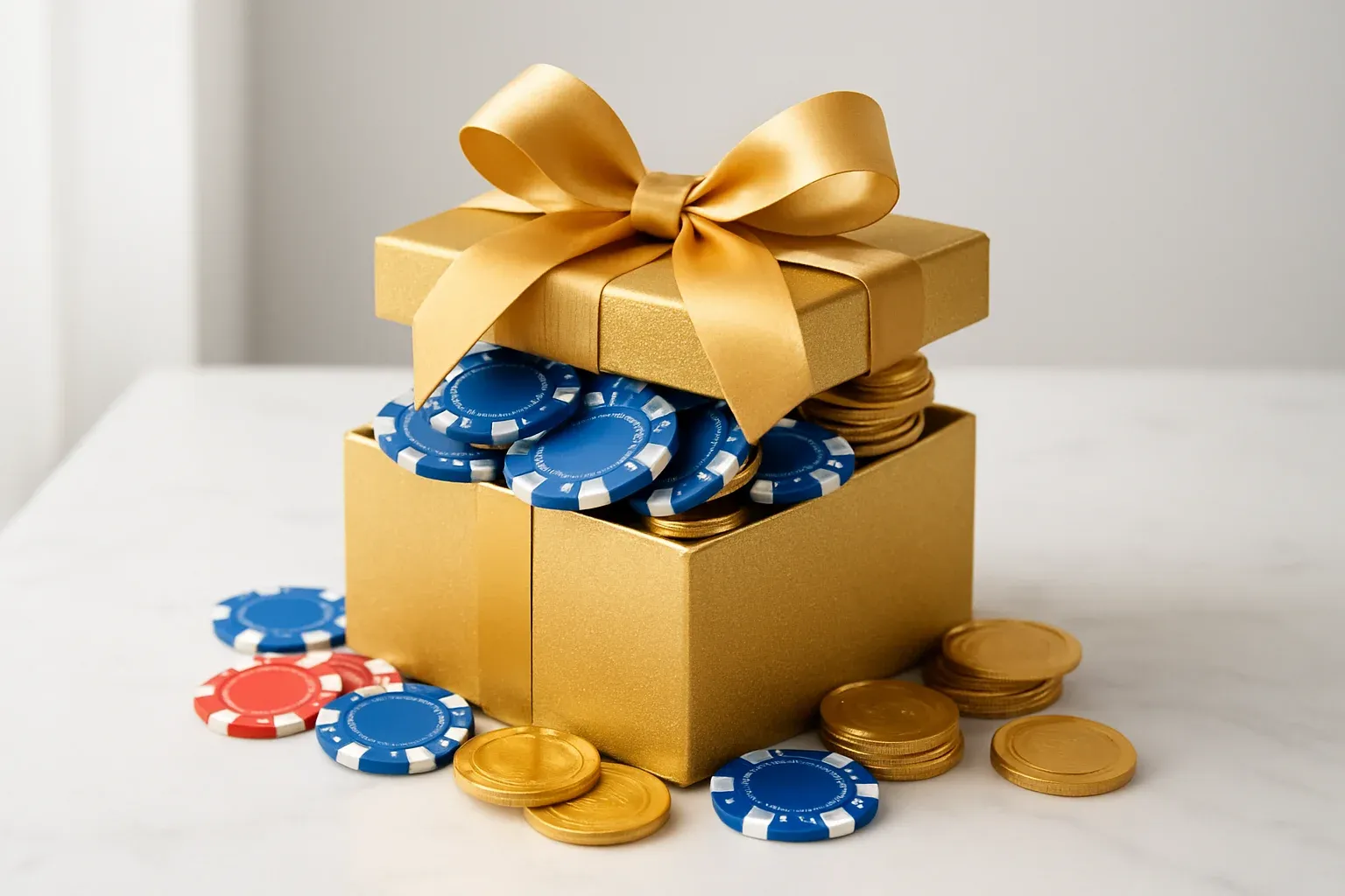 Golden gift box with poker chips and gold coins on marble