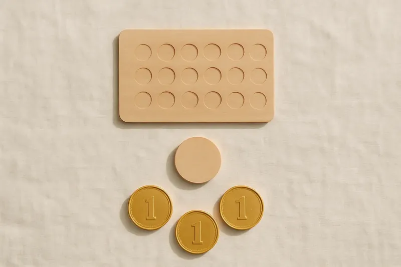 Loyalty card, bonus token and three gold coins on white linen