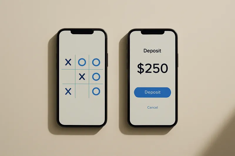 Two smartphones on cream background showing game grid and deposit screen