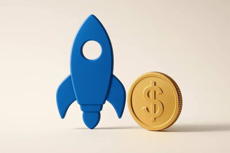 Minimalist rocket icon with gold coin on white background