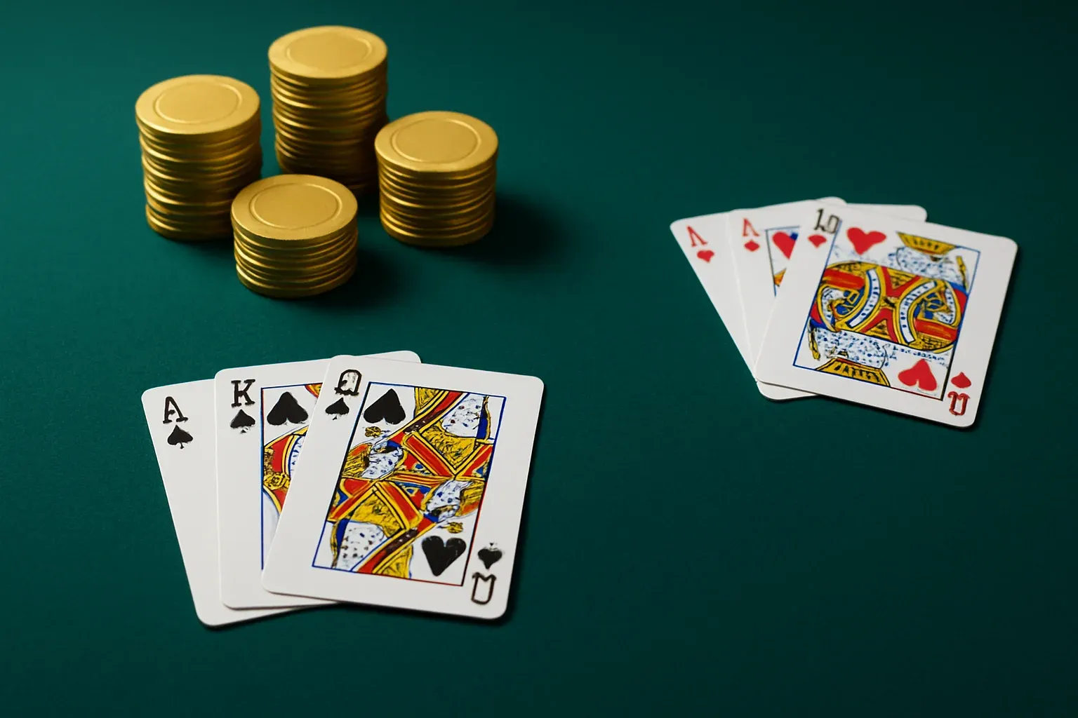 Clean casino table close-up with green felt and gold chips