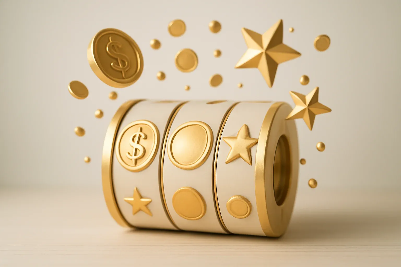 Colorful slot machine reels with gold symbols, coins, and exploding stars