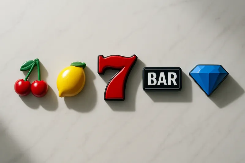 Five polished slot symbols in a neat row on white marble